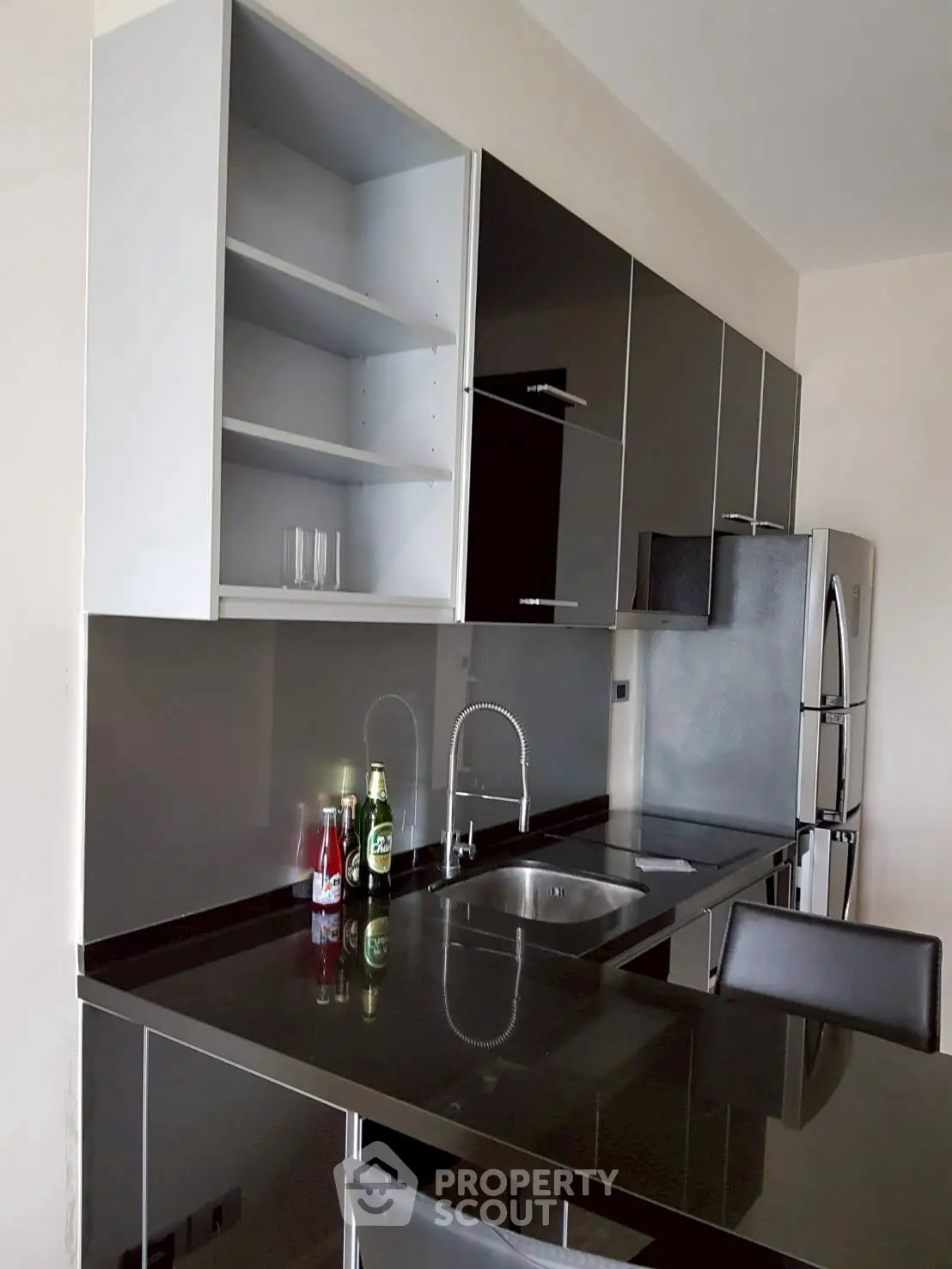 Modern kitchen with sleek black cabinets and stainless steel appliances