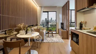 Modern living room with open kitchen and city view, featuring stylish wooden decor and cozy seating area.