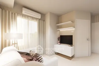 Modern living room with natural light, stylish decor, and air conditioning unit.