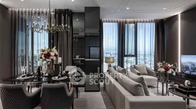 Luxurious modern living room with panoramic city view and elegant dining area