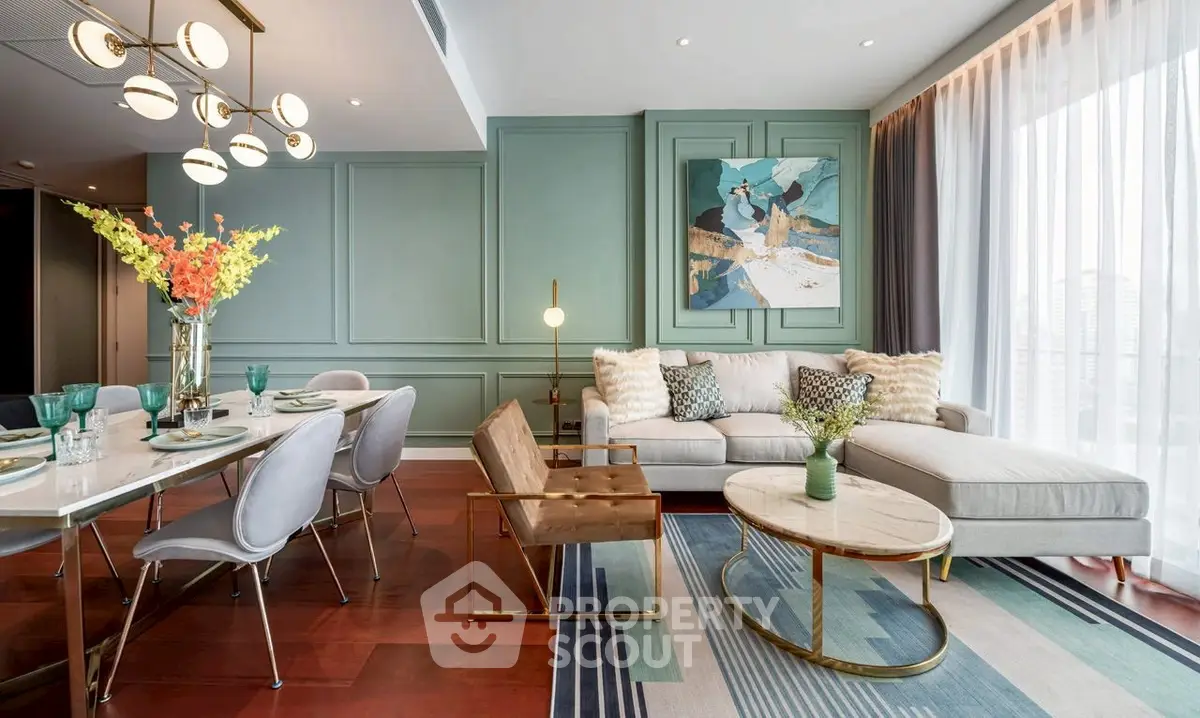 Luxurious modern living room with elegant dining area and stylish decor