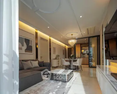 Luxurious modern living room with elegant decor and open kitchen layout