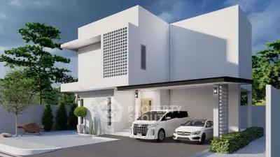 Modern minimalist two-story house with sleek white facade and spacious driveway.