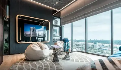 Luxurious modern living room with panoramic city view and stylish decor