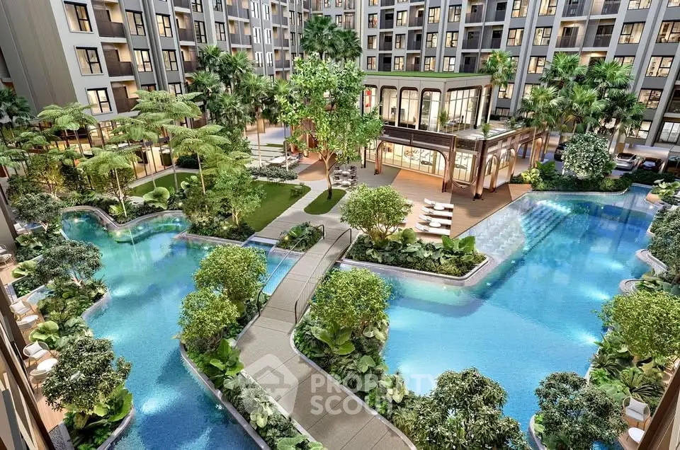 Luxurious apartment complex with stunning pool and lush garden view