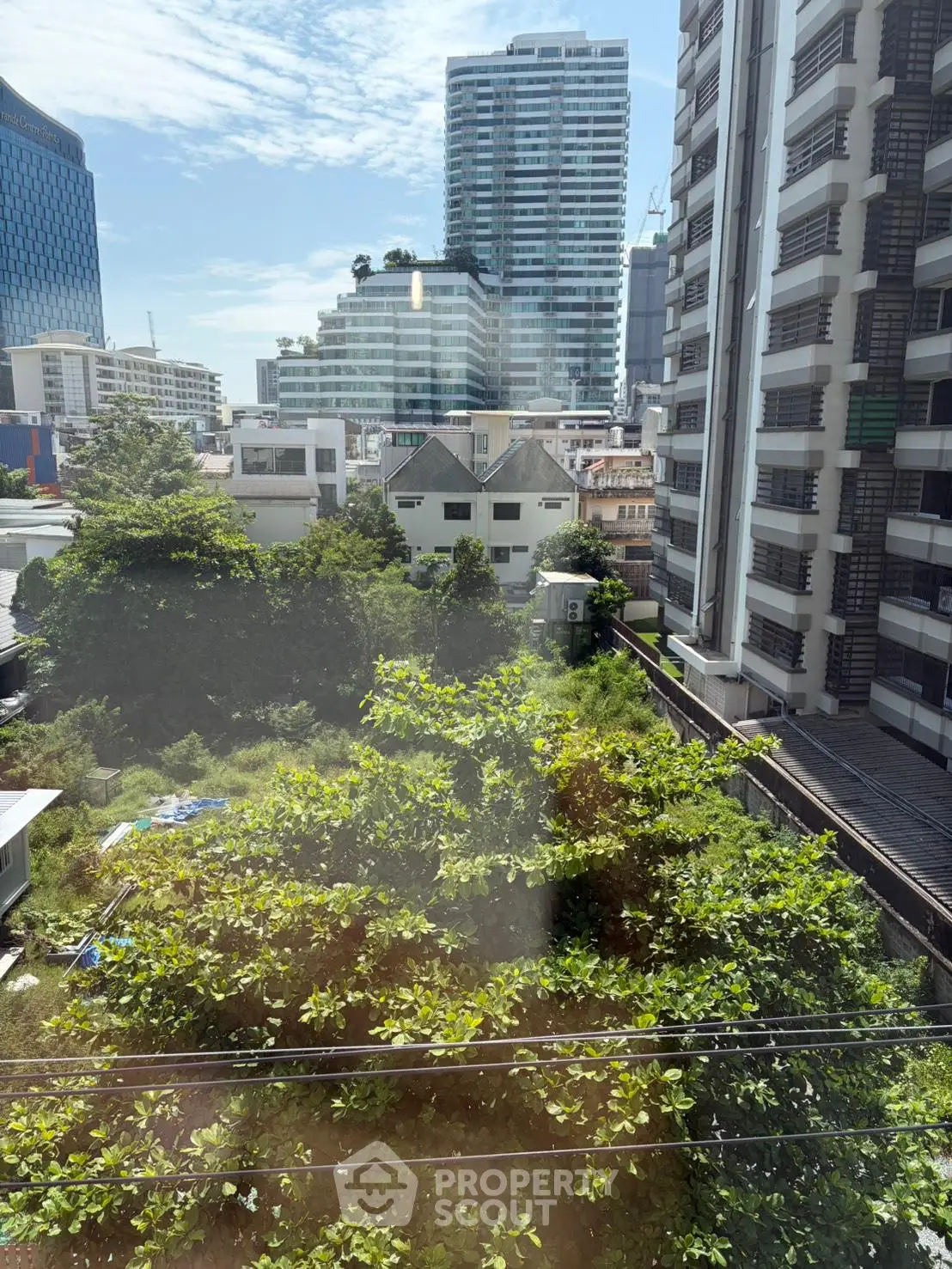 Stunning urban view from high-rise building with lush greenery and city skyline.