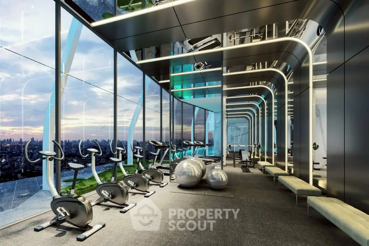 Luxurious high-rise gym with panoramic city views and modern fitness equipment.