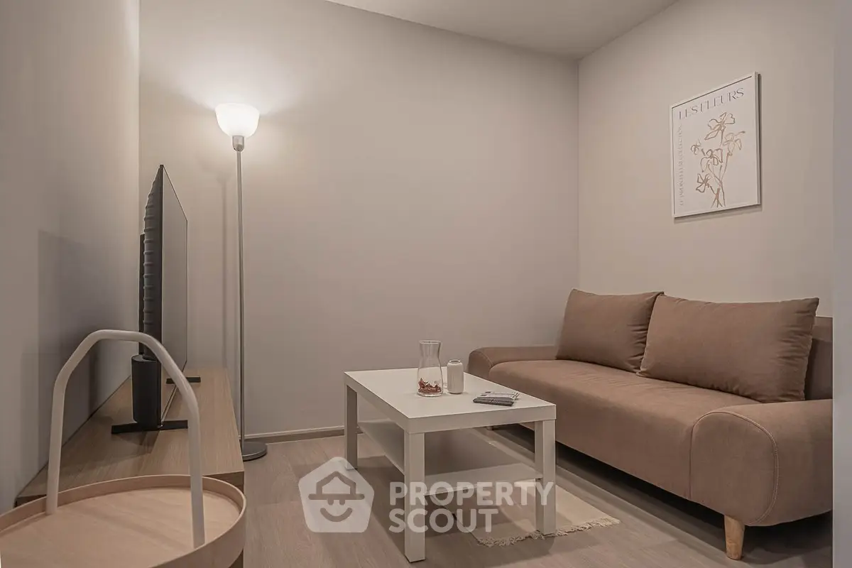 Cozy minimalist living room with modern sofa and floor lamp