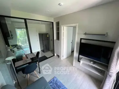 Modern apartment interior with open layout and balcony view