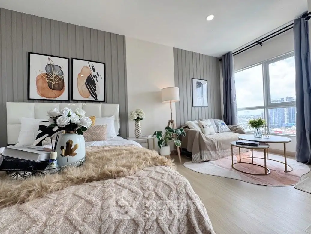 Luxurious bedroom with modern decor and stunning city view