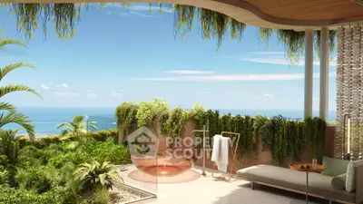 Luxurious balcony with stunning ocean view and lush greenery, perfect for relaxation and enjoying nature.