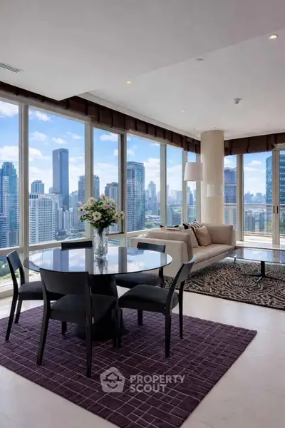 Luxurious living room with panoramic city views and elegant modern furnishings.