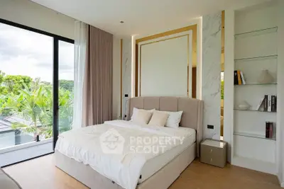 Luxurious bedroom with large window and scenic view, featuring elegant decor and modern furnishings.