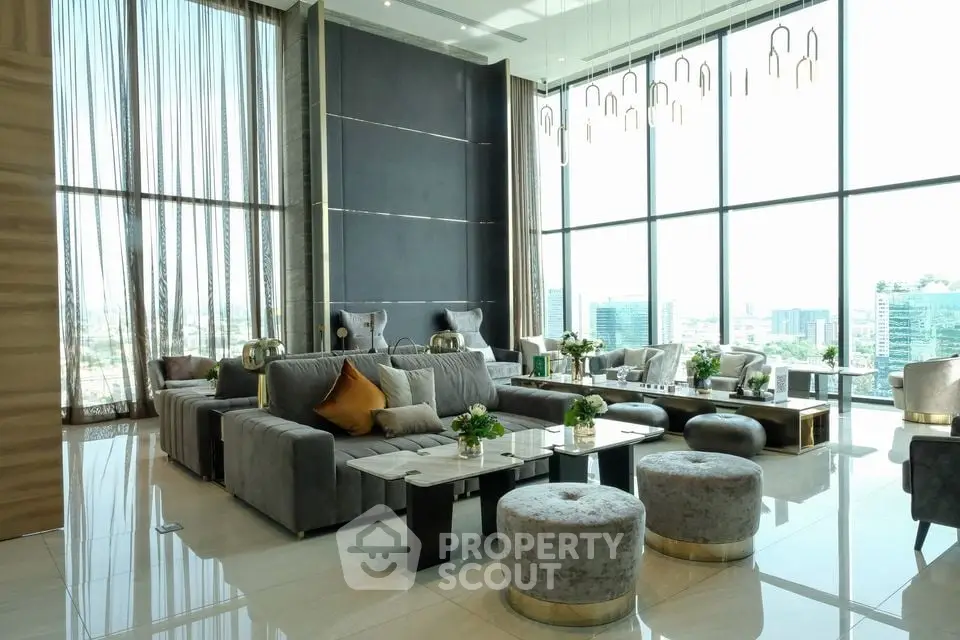 Luxurious modern living room with panoramic city views and elegant decor