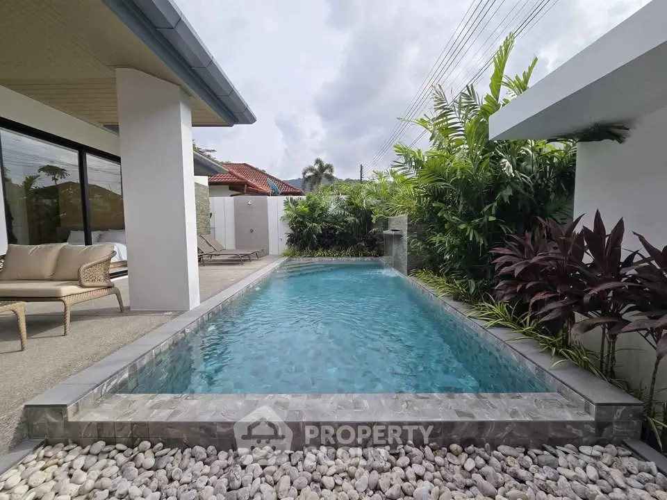 Luxurious private pool surrounded by lush greenery in a modern villa setting.