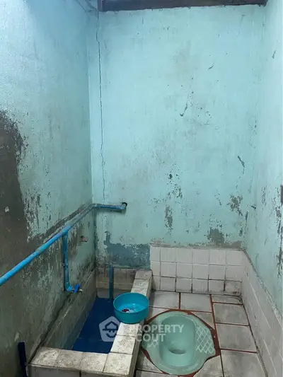 Basic bathroom with squat toilet and water basin in rustic setting.