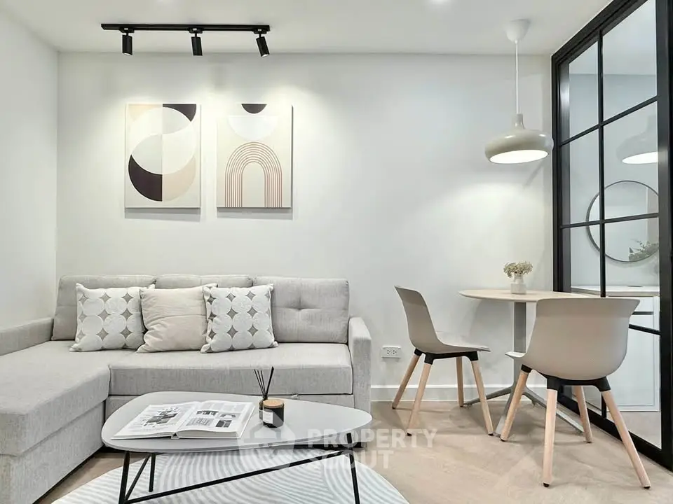 Modern living room with stylish decor and cozy seating area