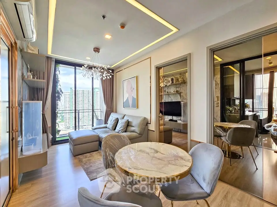 Luxurious modern living room with elegant decor and city view