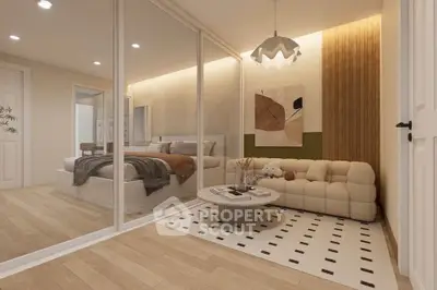 Modern bedroom with cozy seating area and stylish decor