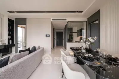 Luxurious modern living room with elegant dining area and open kitchen layout, featuring sleek furniture and city views.
