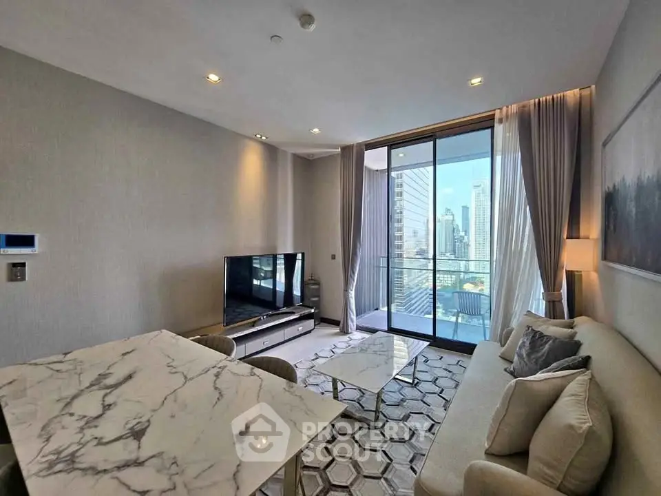 Modern living room with marble dining table and city view balcony in luxury apartment.
