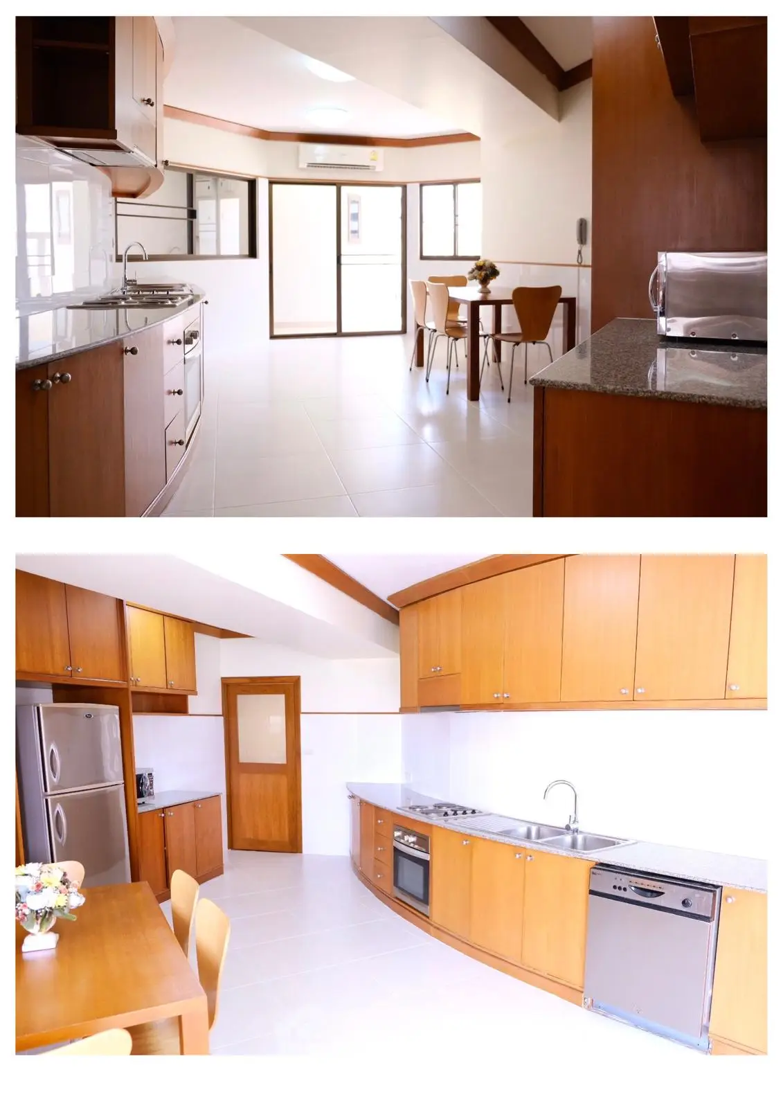 Spacious kitchen with modern appliances and dining area in a bright, open layout.
