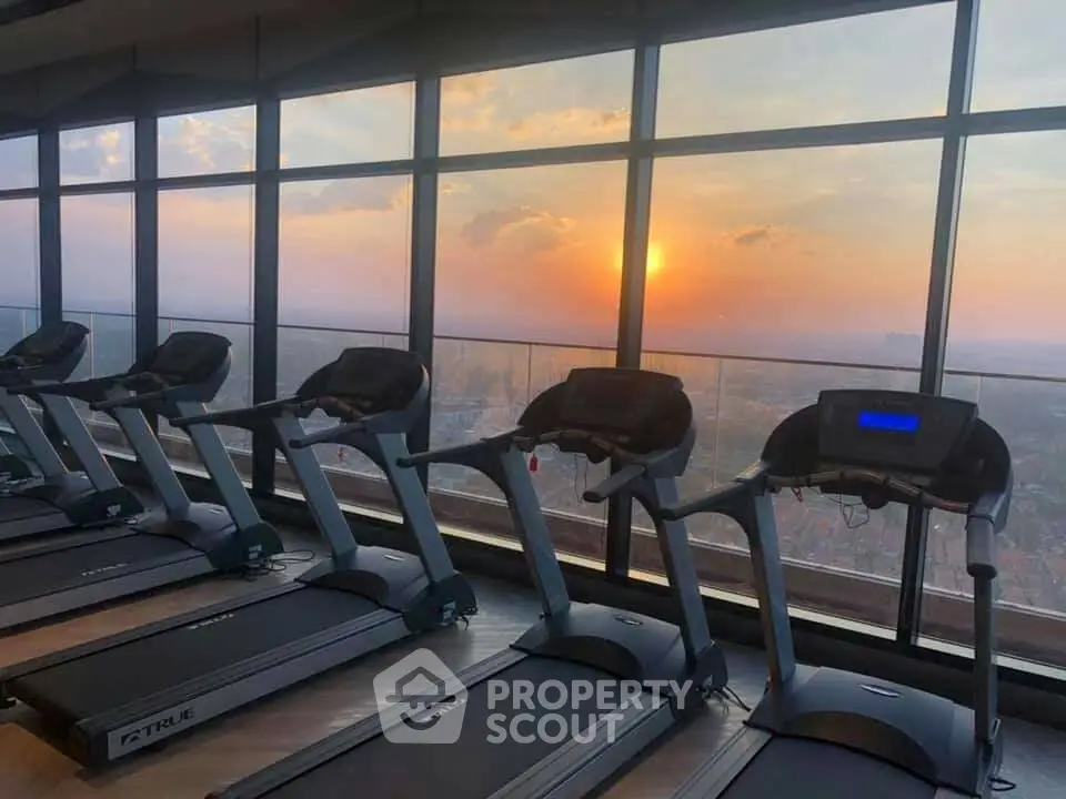 Stunning gym with panoramic city views at sunset, featuring modern treadmills.
