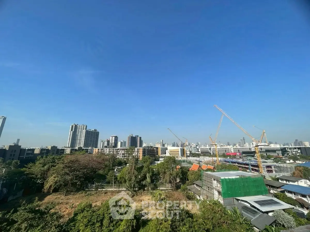 Stunning cityscape view with construction cranes and lush greenery, perfect for urban development.