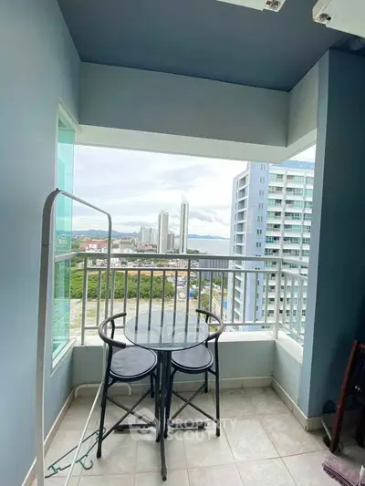 Charming balcony with city view in modern high-rise apartment