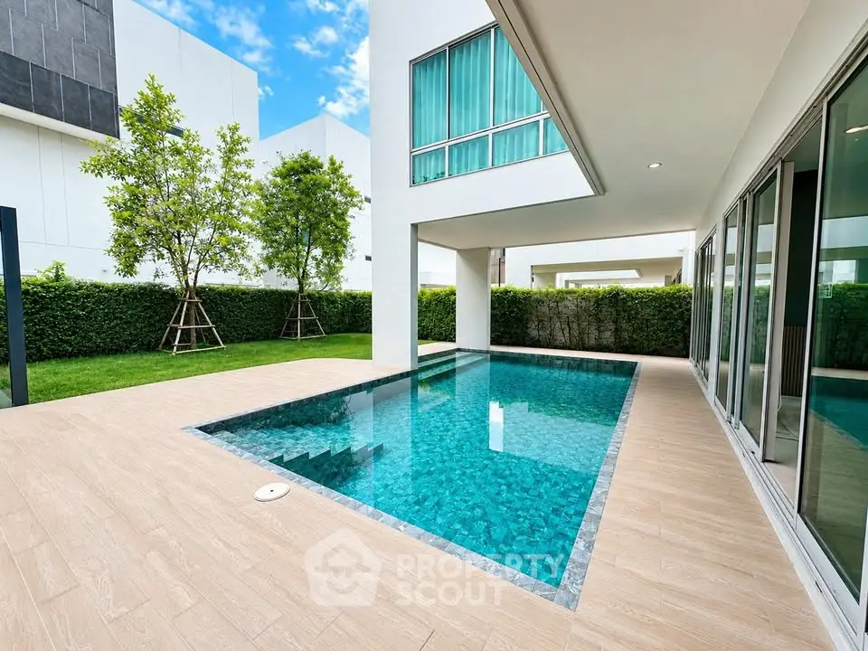 Luxurious modern home with private pool and lush garden, perfect for relaxation and entertainment.
