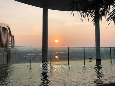 Stunning rooftop pool with panoramic sunset city view, perfect for luxury urban living.