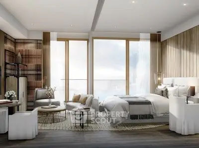 Luxurious modern bedroom with stunning floor-to-ceiling windows and elegant decor.