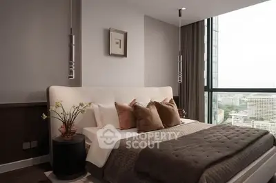 Luxurious bedroom with city view, modern decor, and elegant lighting in high-rise apartment.