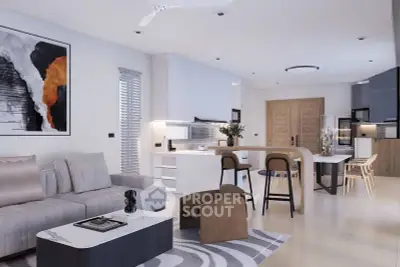 Modern open-plan living room with stylish furniture and contemporary kitchen design.