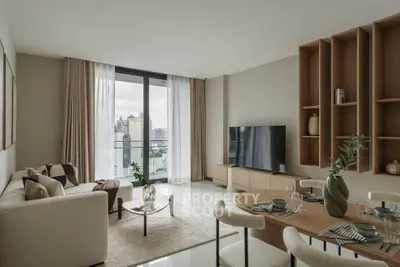 Modern living room with city view, elegant decor, and spacious layout in luxury apartment.