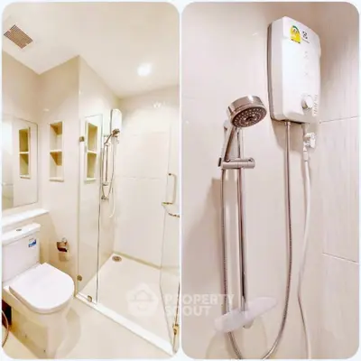 Modern bathroom with glass shower enclosure and sleek water heater