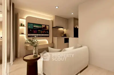 Modern living room with sleek design and open kitchen layout, featuring cozy seating and ambient lighting.