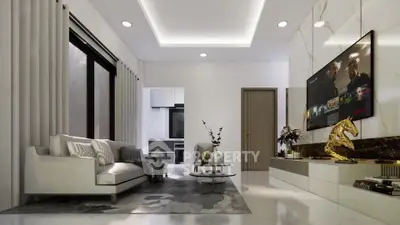 Luxurious modern living room with elegant decor and large TV, perfect for relaxation and entertainment.