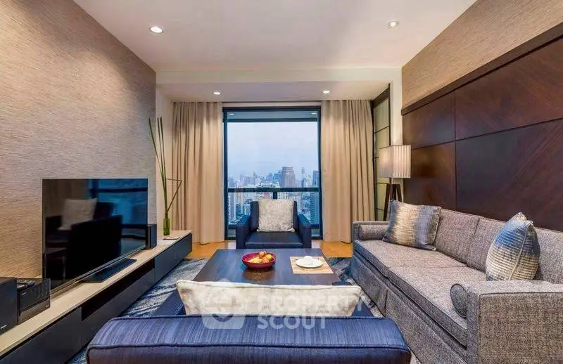 Luxurious living room with modern decor and stunning city view