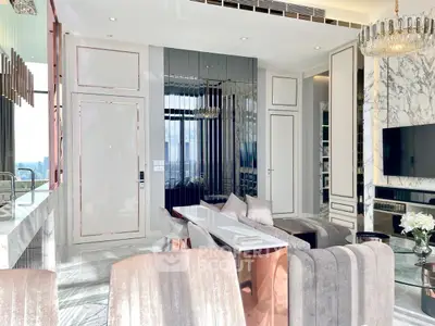 Luxurious modern living room with elegant decor and stunning city view