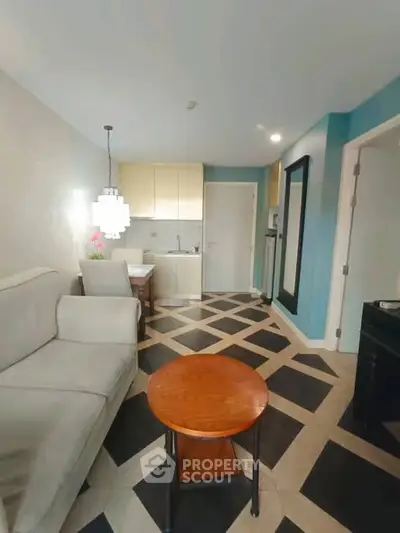 Chic modern living room with open kitchen and stylish decor