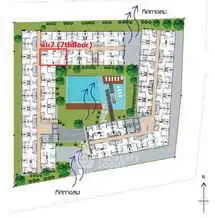 Schematic plan of residential complex with pool and green spaces.