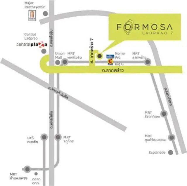 Map showing location of Formosa Ladprao 7 near MRT and BTS stations.