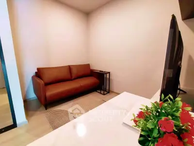 Cozy living room with modern brown sofa and stylish decor