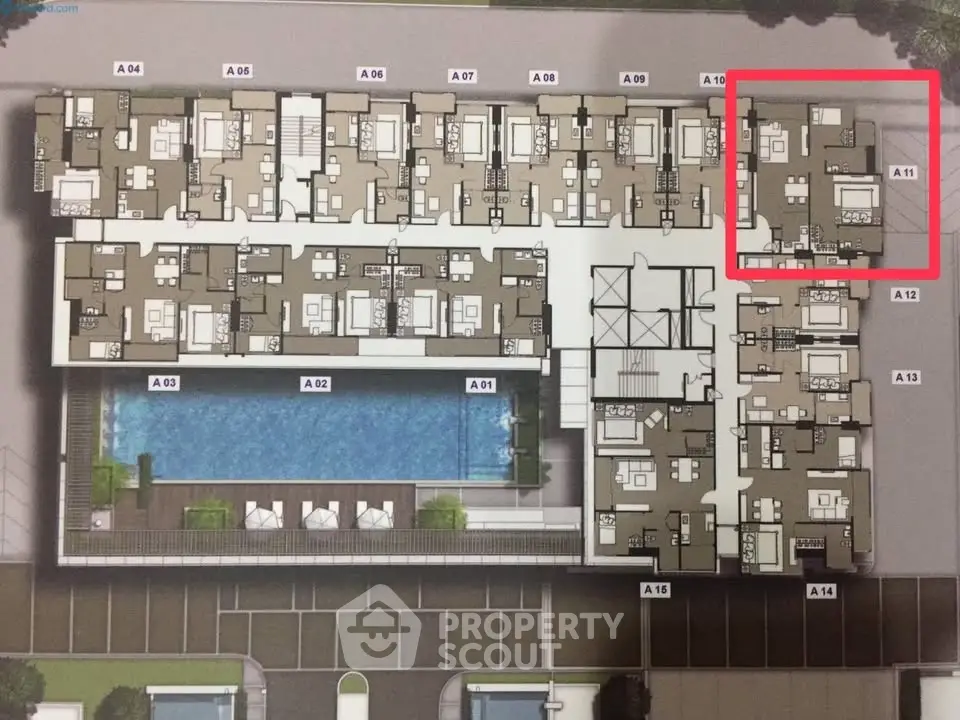 Explore this modern apartment complex layout with pool and spacious units for urban living.