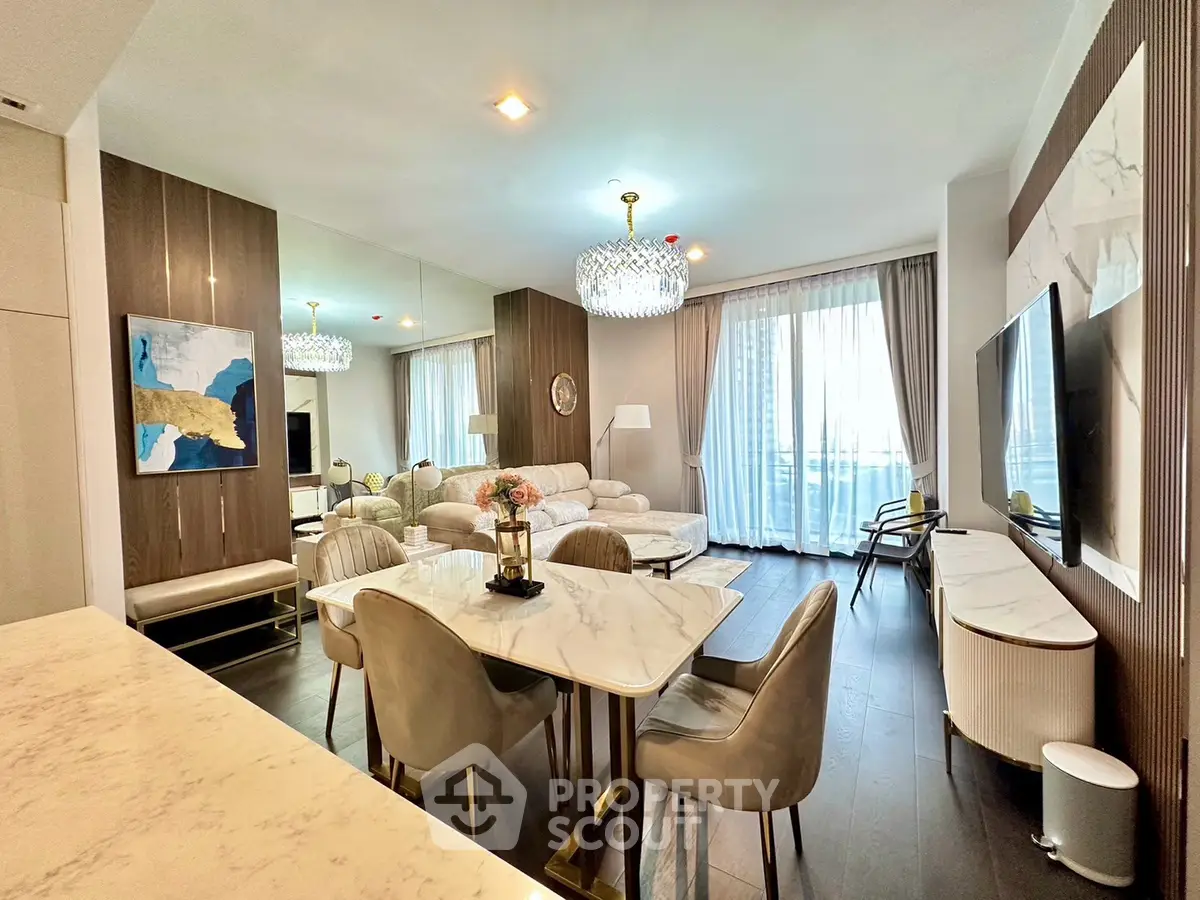 Luxurious modern living room with elegant dining area and large windows
