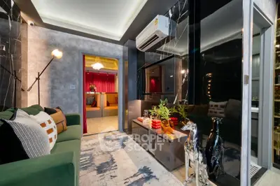 Luxurious modern living room with stylish decor and ambient lighting