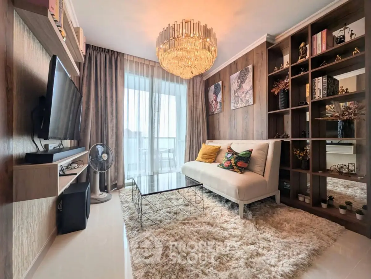 Luxurious living room with elegant chandelier and modern decor