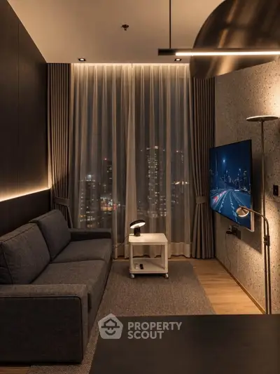 Modern living room with city view, sleek furniture, and ambient lighting