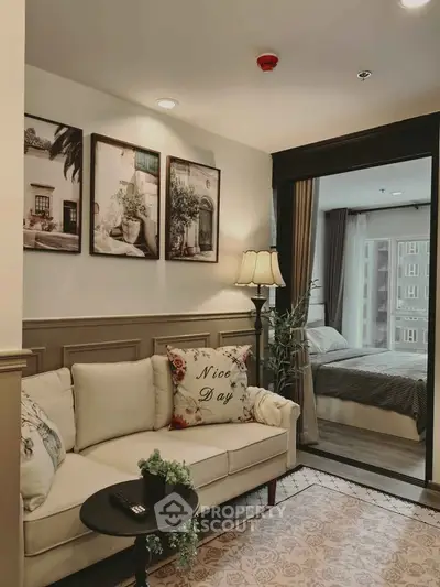 Charming living room with cozy sofa and elegant decor in modern apartment.